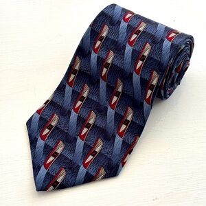 Ketch Men’s Tie 100% Silk Blue Gray Burgundy White Geometric Necktie USA  56”X4”